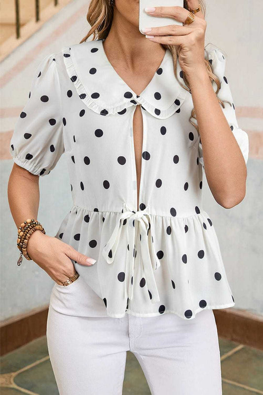 Blouses White / S / 100%Polyester White Polka Dot Peplum Top