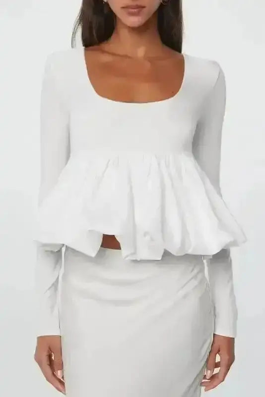 Bubble Hem U-Neck Long Sleeve Crop Top Women UK in white — front view showing distinctive bubble hem and 93% viscose silhouette — Fashionfitz