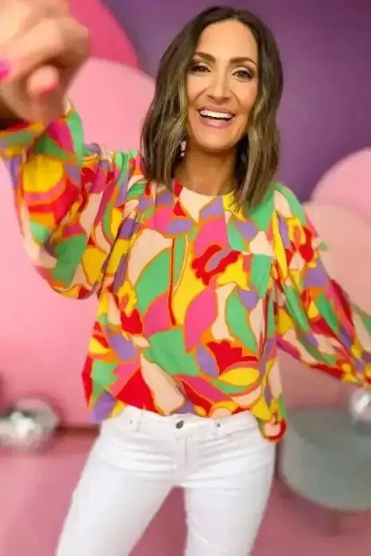 Close-up of Yellow Abstract Puff Sleeve Blouse showing vibrant abstract print and shirred bodice detail — Fashionfitz