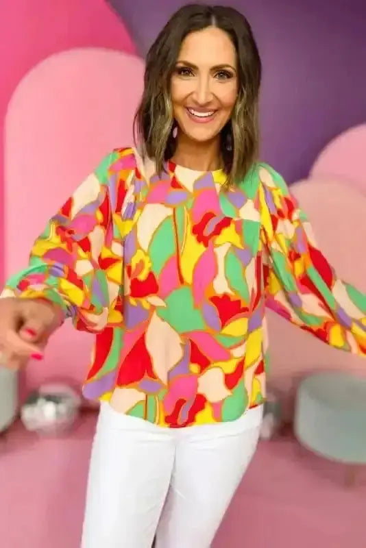 Side view of Yellow Abstract Puff Sleeve Blouse showing puff sleeve structure and round neckline — Fashionfitz