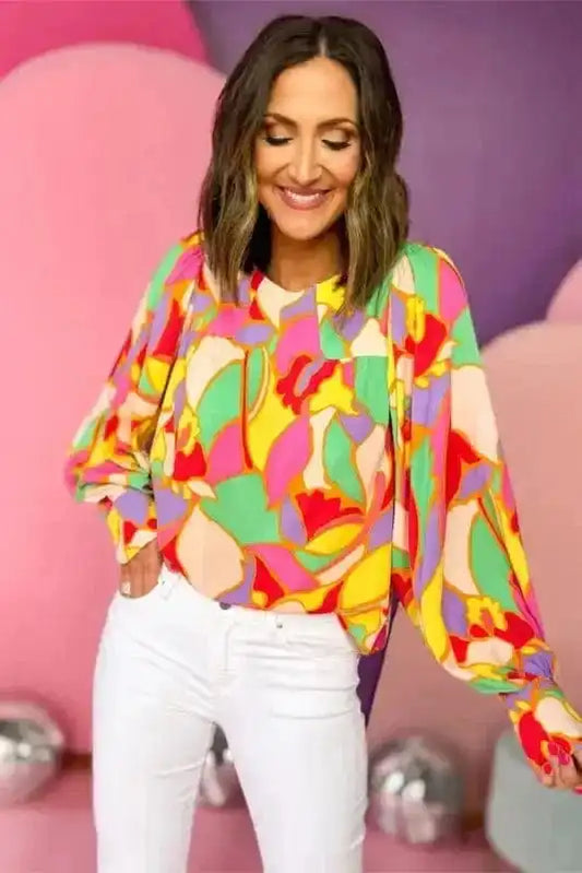 Blouses Yellow Abstract Puff Sleeve Blouse