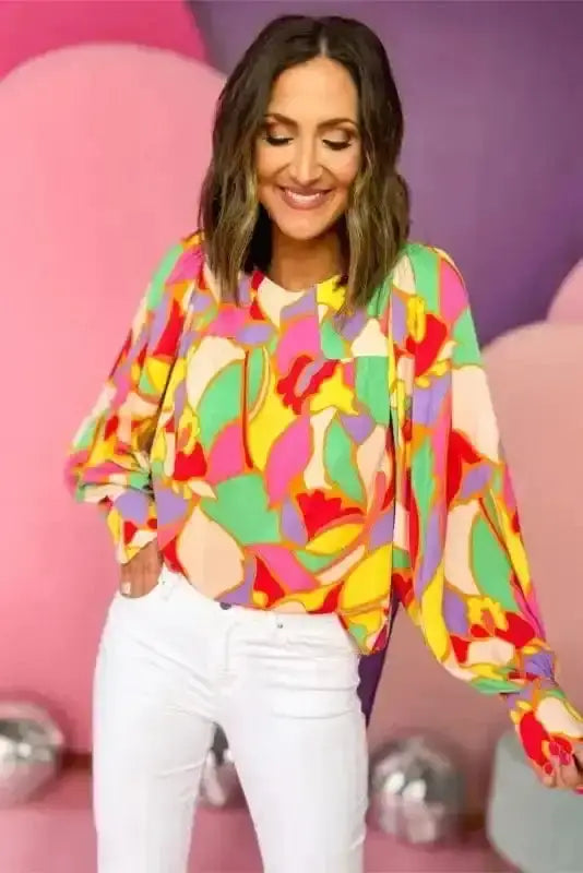 Back view of Yellow Abstract Puff Sleeve Blouse showing long sleeves and relaxed silhouette — Fashionfitz