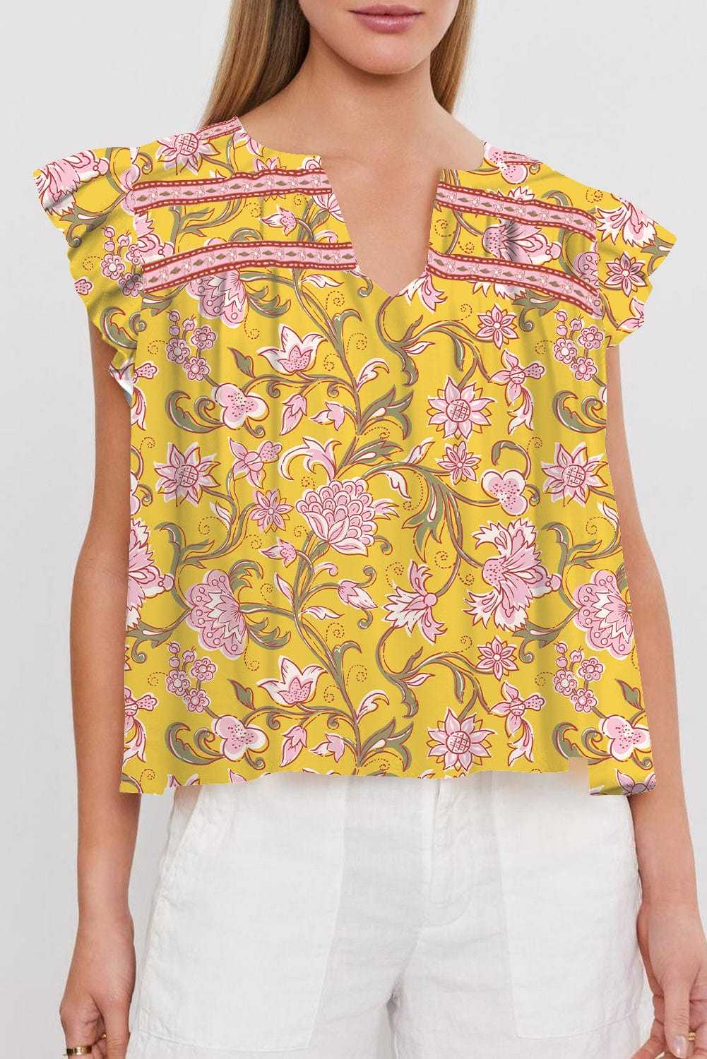 Blouses Yellow / S / 100%Polyester Amber Blossom Ruffle Blouse