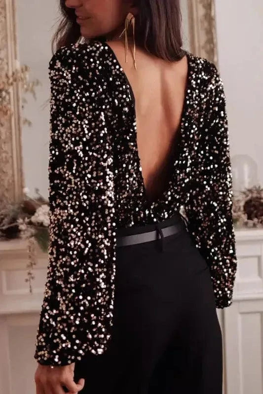 Bodysuits Black / S / 100%PET Glitter Gala Backless Bodysuit