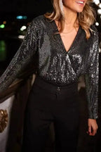 Bodysuits Black / S / 100%Polyester Sable Sequin Wrap Bodysuit