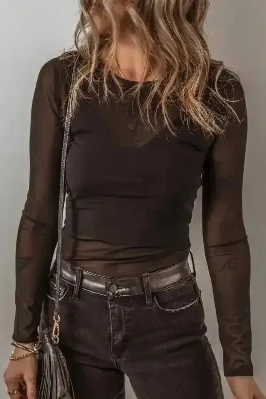 Black mesh sleeveless square neck bodysuit front view — Fashionfitz UK