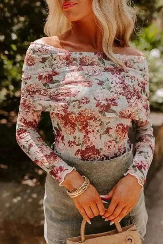 Bodysuits Pink / S / 95%Polyester+5%Elastane Floral Sheath Bodysuit - Long Sleeve