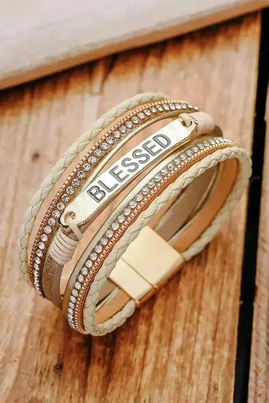 Bracelets Beige / ONE SIZE Beige BLESSED Rhinestone Braided Detail Buckle Bracelet