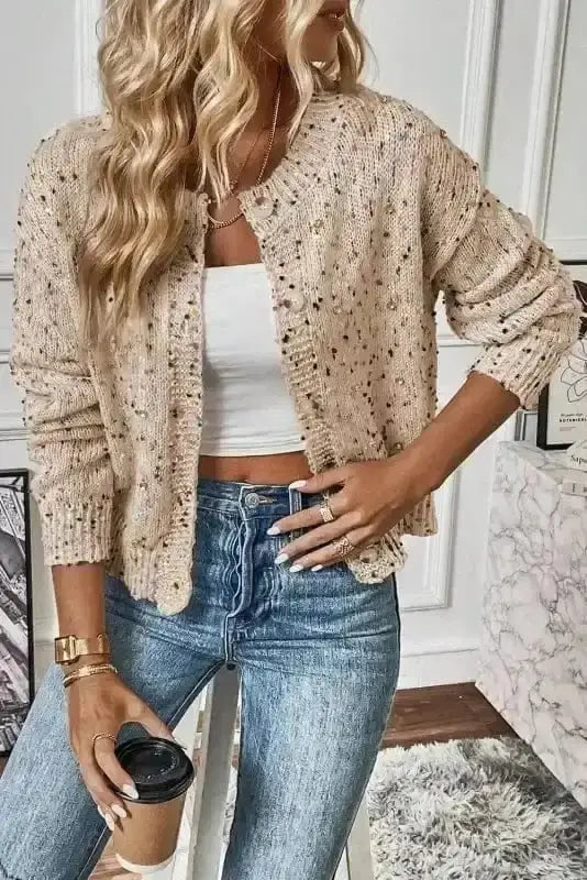 Apricot jewel embellished knit cardigan front view — Fashionfitz UK
