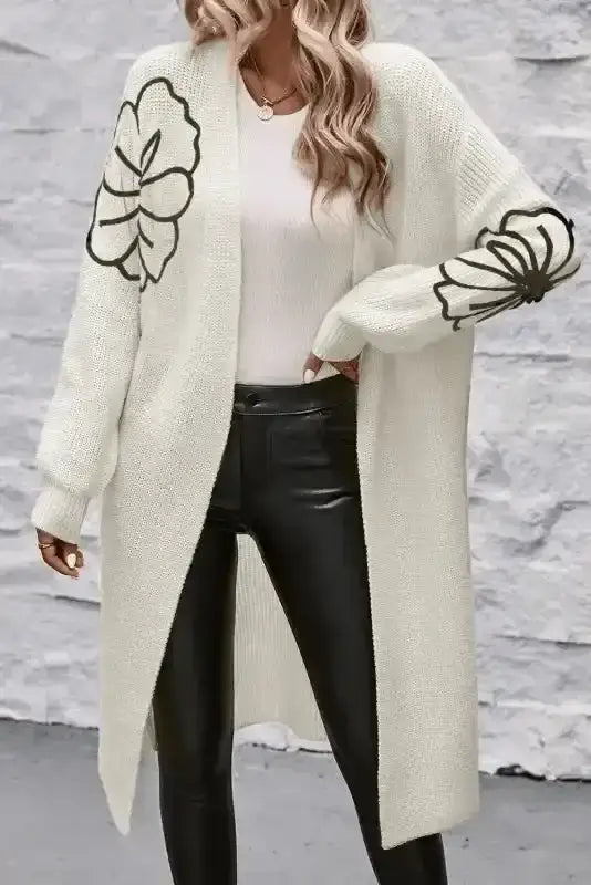 Beige embroidered floral duster cardigan front view — Fashionfitz UK