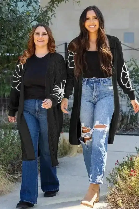 Cardigans Black Duster Cardigan - Flower Embroidered Open Front