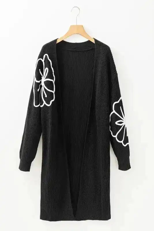 Cardigans Black Duster Cardigan - Flower Embroidered Open Front