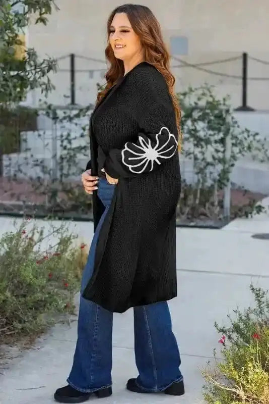Cardigans Black Duster Cardigan - Flower Embroidered Open Front