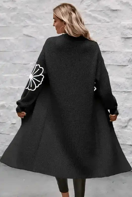 Cardigans Black Duster Cardigan - Flower Embroidered Open Front