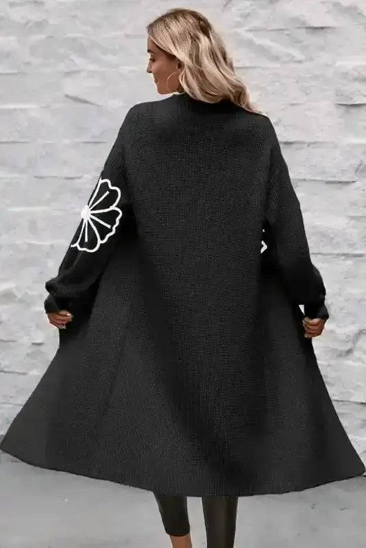 Cardigans Black Duster Cardigan - Flower Embroidered Open Front