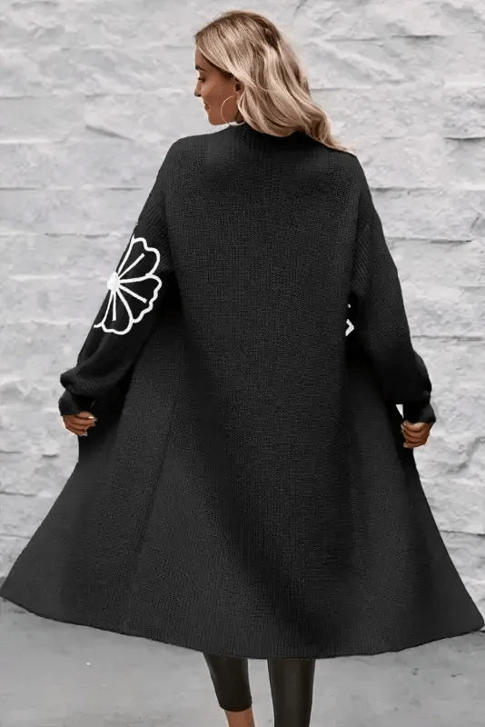 Cardigans Black Duster Cardigan - Flower Embroidered Open Front