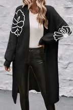 Cardigans Black / S / 100%Acrylic Black Duster Cardigan - Flower Embroidered Open Front