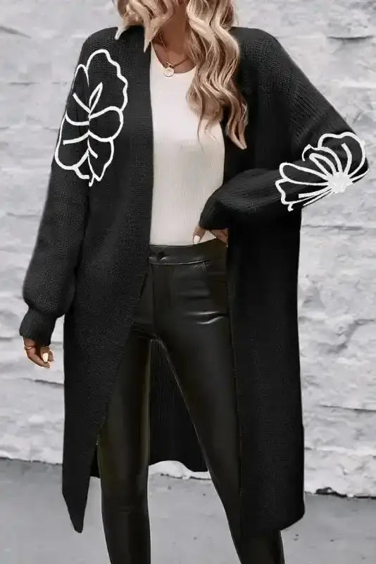 Cardigans Black / S / 100%Acrylic Black Duster Cardigan - Flower Embroidered Open Front