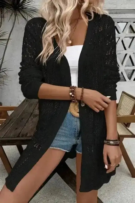 Black boho braid crochet open front cardigan front view — Fashionfitz UK