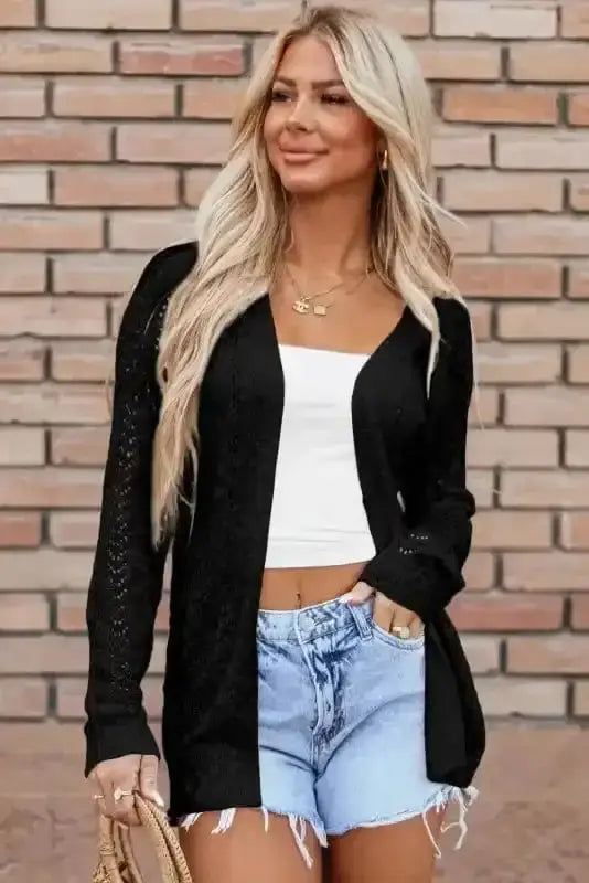 Black lattice knit longline cardigan front view — Fashionfitz UK