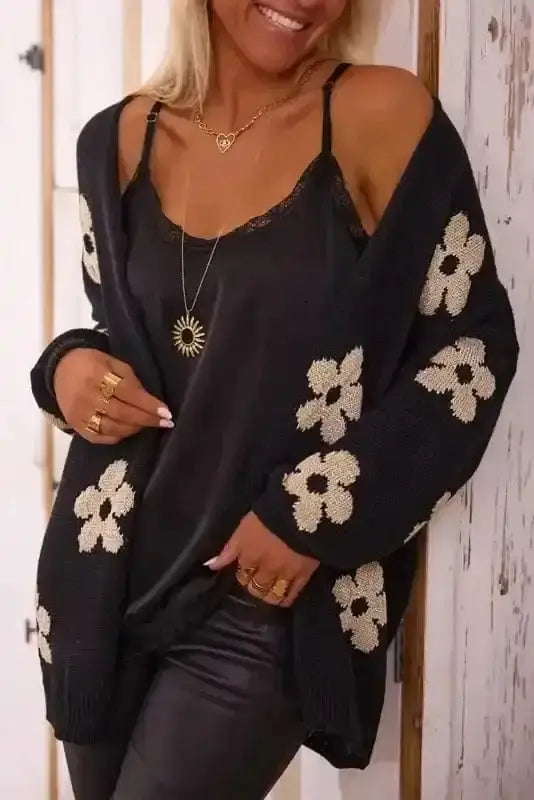 Black blooming threads loose cardigan front view — Fashionfitz UK