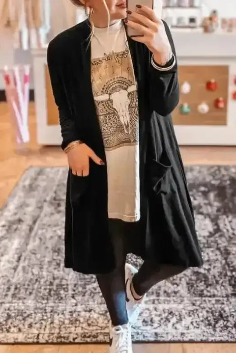 Black urban chic duster cardigan front view — Fashionfitz UK