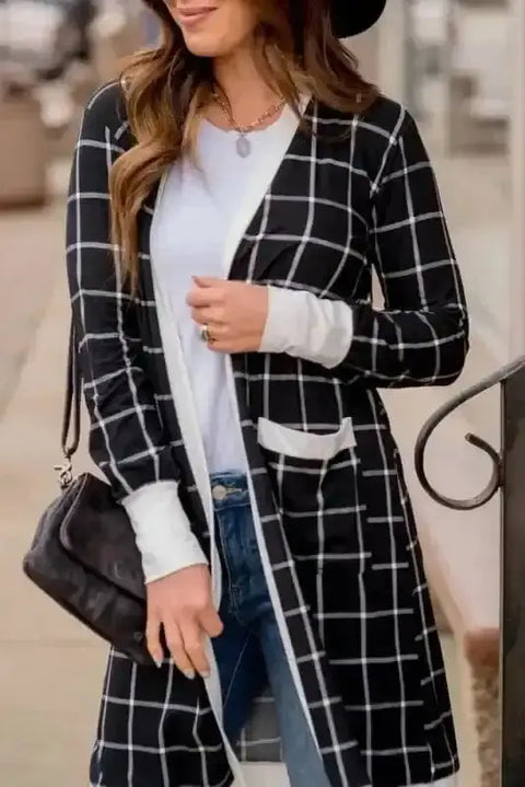 Black cosy pocketed plaid duster cardigan front view — Fashionfitz UK