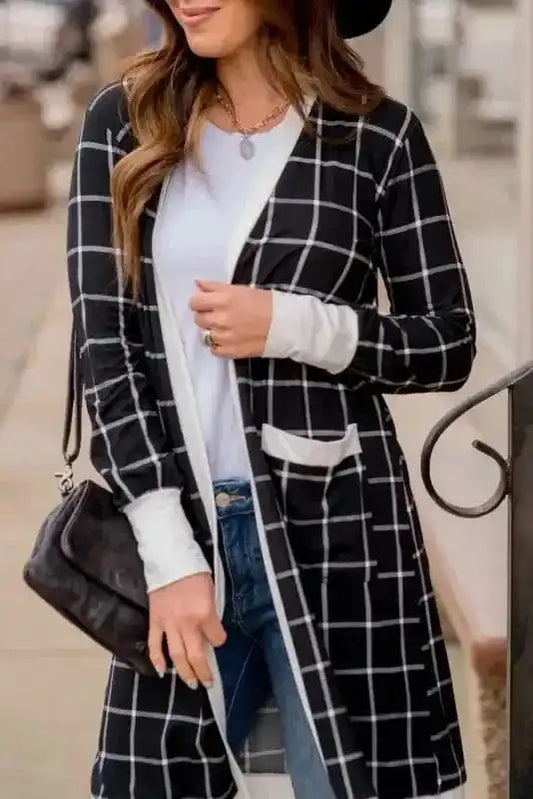 Cardigans Black / S / 95%Polyester+5%Elastane Cozy Pocketed Plaid Cardigan
