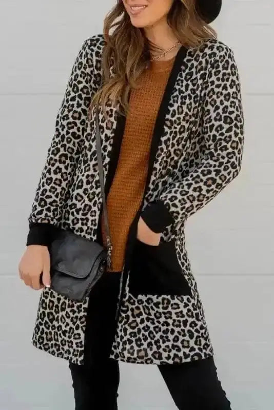 Black leopard open front duster cardigan front view — Fashionfitz UK