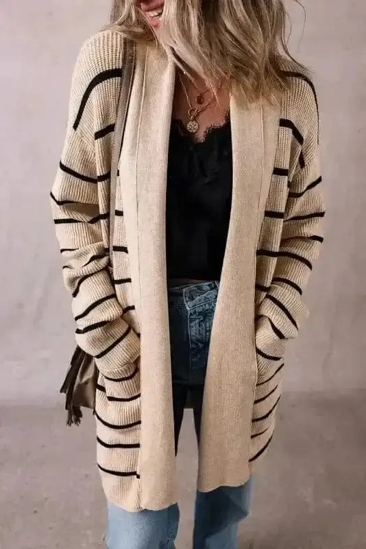 Black stripe casual elegance shawl collar cardigan front view — Fashionfitz UK