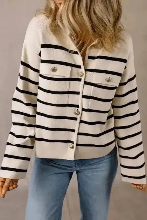 Black stripe sable button cardigan front view — Fashionfitz UK