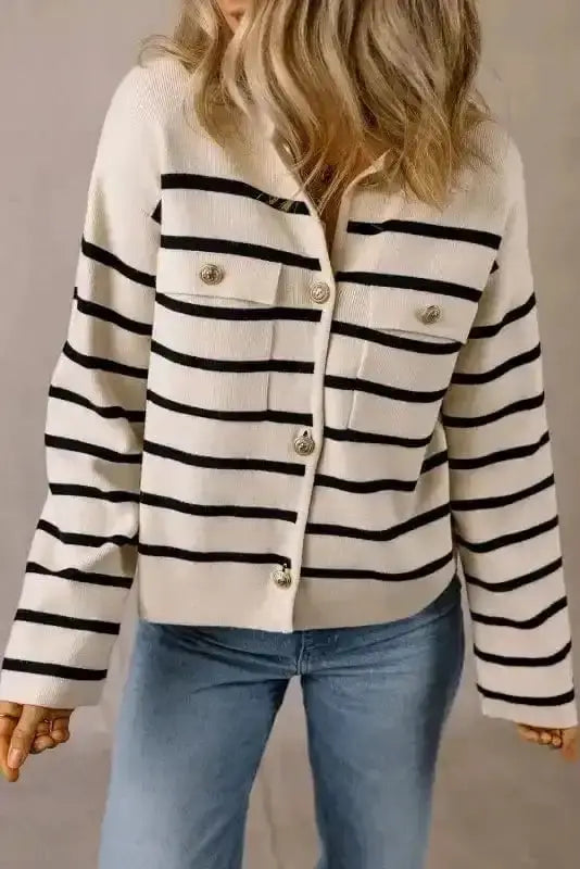 Black stripe sable button cardigan front view — Fashionfitz UK