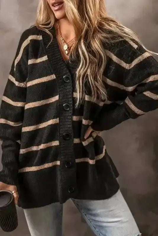 Black stripe relaxed silhouette knit cardigan front view — Fashionfitz UK