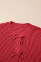 Cardigans Bow Buttons Cardigan - Grey Ribbed Knit