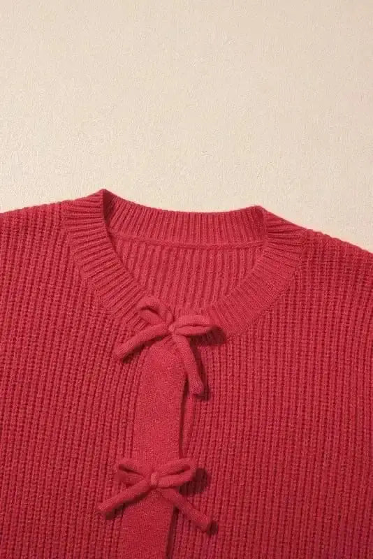 Cardigans Bow Buttons Cardigan - Grey Ribbed Knit