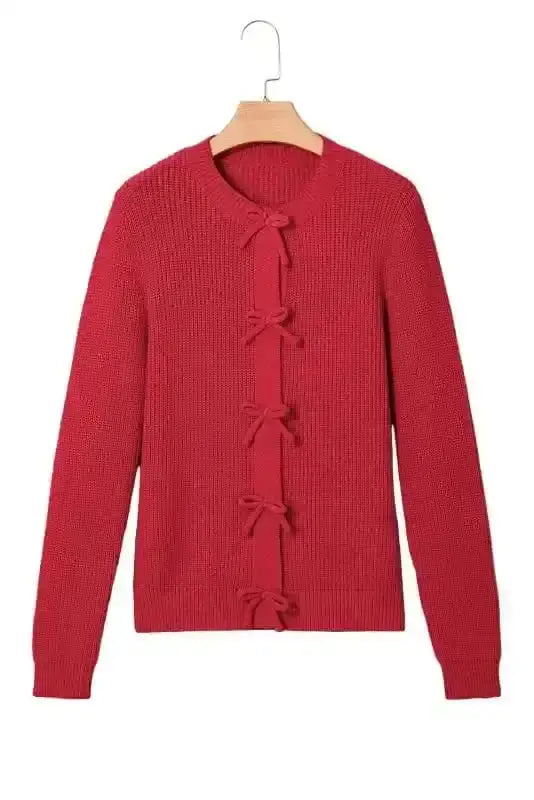 Cardigans Bow Buttons Cardigan - Grey Ribbed Knit