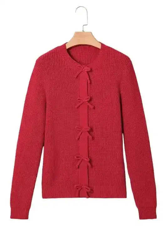 Cardigans Bow Buttons Cardigan - Grey Ribbed Knit
