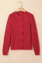 Cardigans Bow Buttons Cardigan - Grey Ribbed Knit