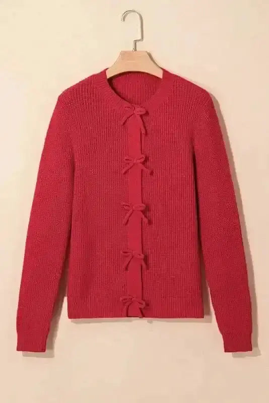 Cardigans Bow Buttons Cardigan - Grey Ribbed Knit