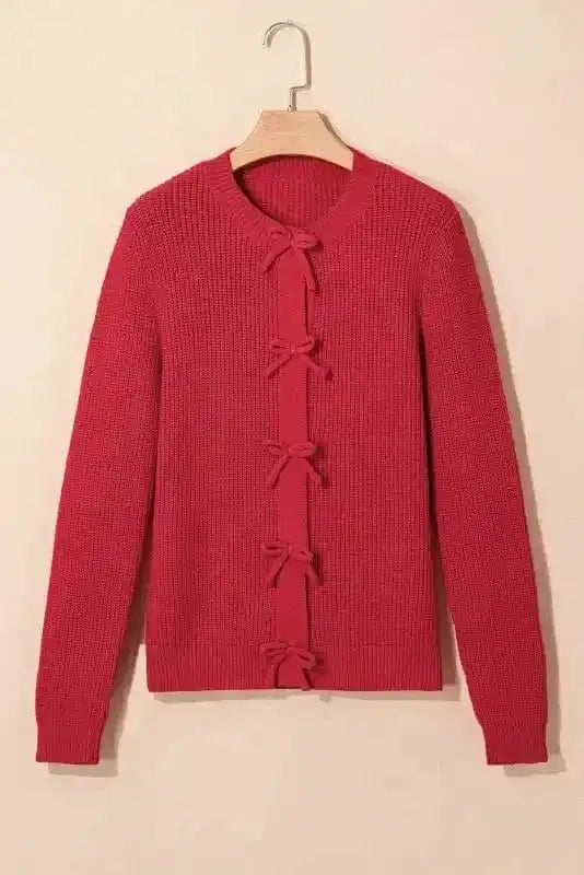 Cardigans Bow Buttons Cardigan - Grey Ribbed Knit