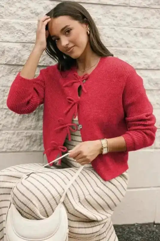 Cardigans Bow Buttons Cardigan - Grey Ribbed Knit