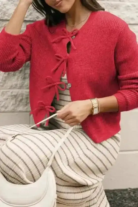 Cardigans Bow Buttons Cardigan - Grey Ribbed Knit