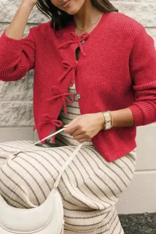 Cardigans Bow Buttons Cardigan - Grey Ribbed Knit