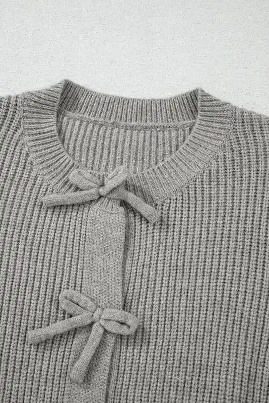 Cardigans Bow Buttons Cardigan - Grey Ribbed Knit