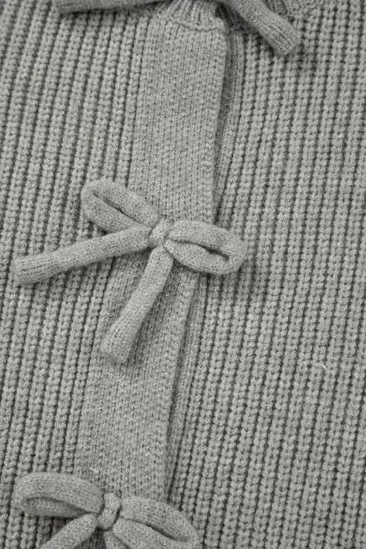 Cardigans Bow Buttons Cardigan - Grey Ribbed Knit