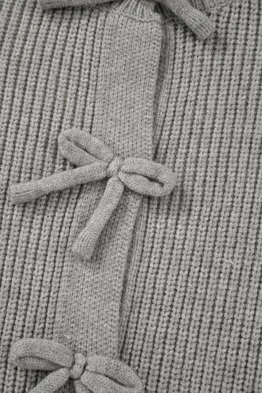 Cardigans Bow Buttons Cardigan - Grey Ribbed Knit