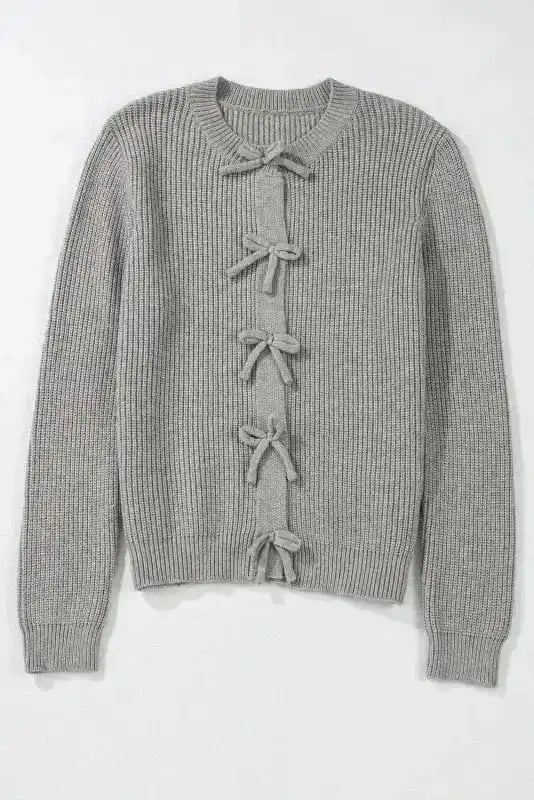 Cardigans Bow Buttons Cardigan - Grey Ribbed Knit
