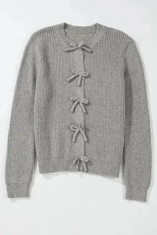 Cardigans Bow Buttons Cardigan - Grey Ribbed Knit