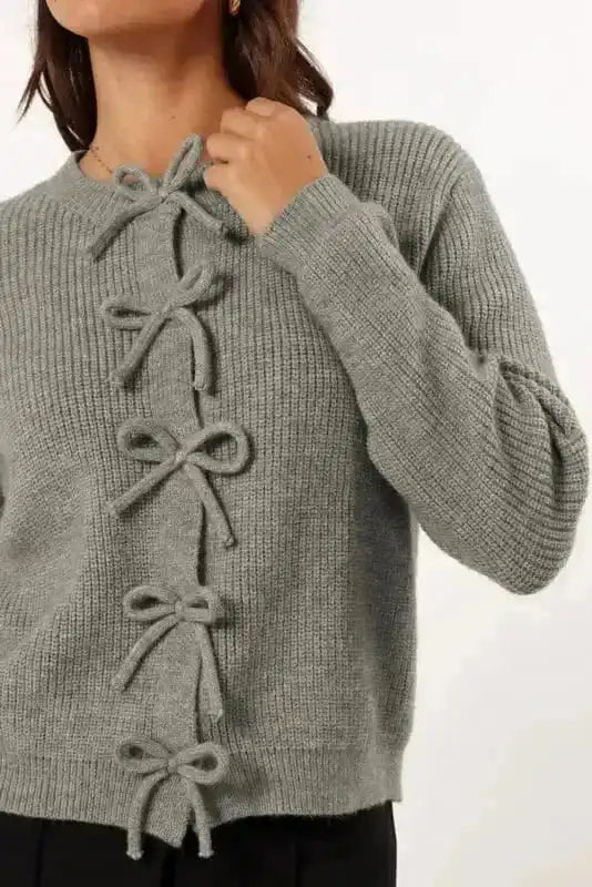 Cardigans Bow Buttons Cardigan - Grey Ribbed Knit