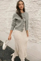 Cardigans Bow Buttons Cardigan - Grey Ribbed Knit